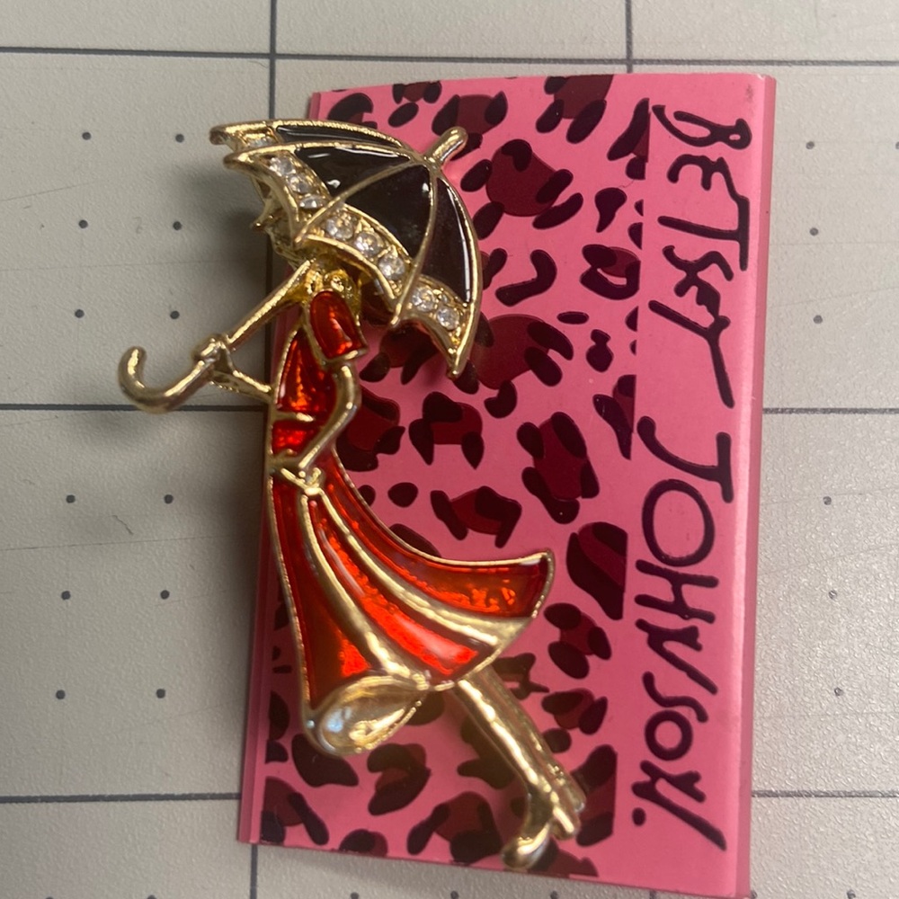 Rhinestone Enameled Umbrella Lady Betsey Johnson Brooch 2” #68